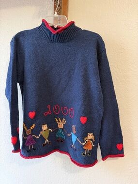 Vintage sweater children hearts appliqué embroidery